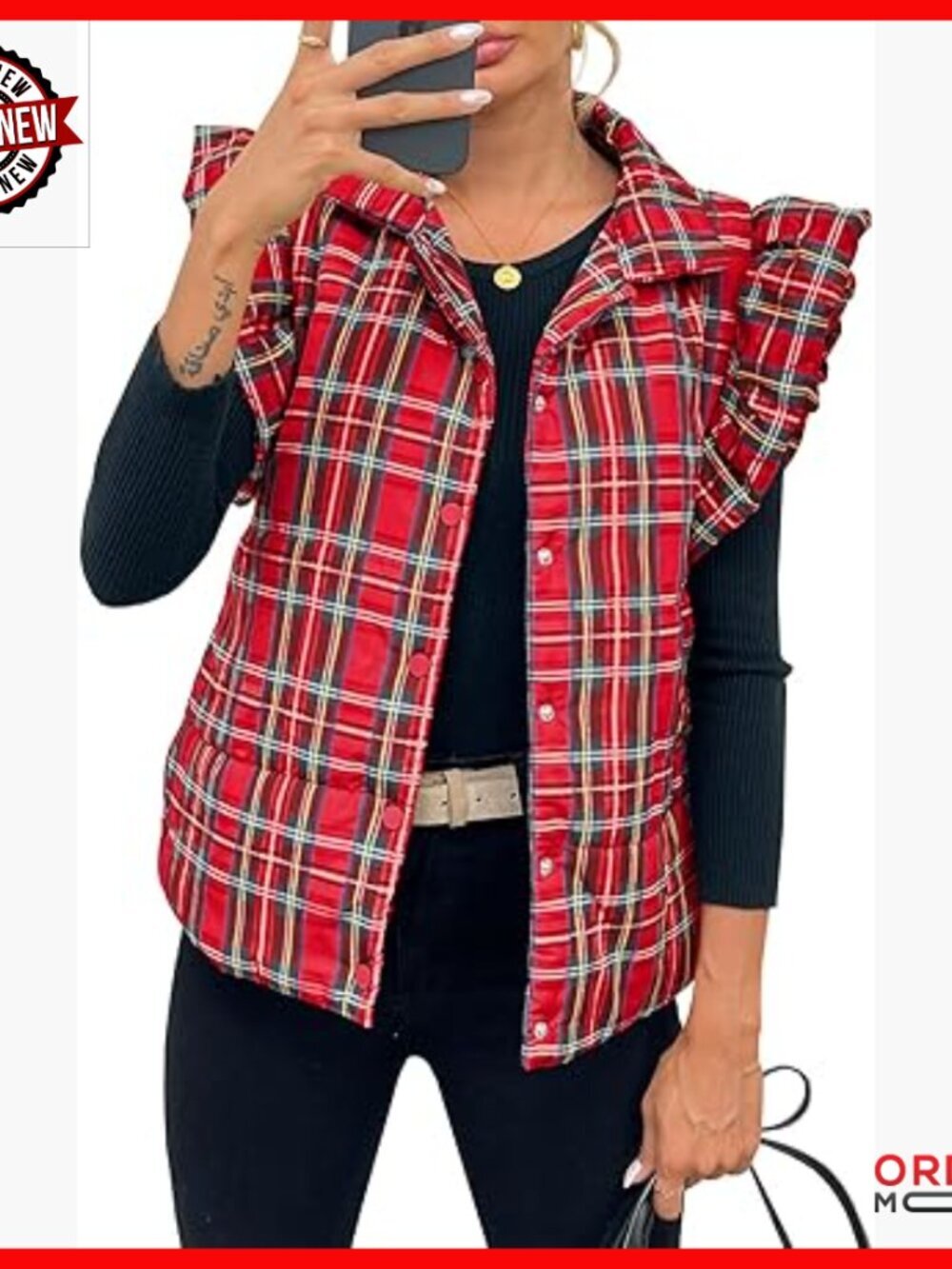 Lightweight Quilted Puffer Vest with Ruffle Sleeves, Button Closure - Picture 1 of 7